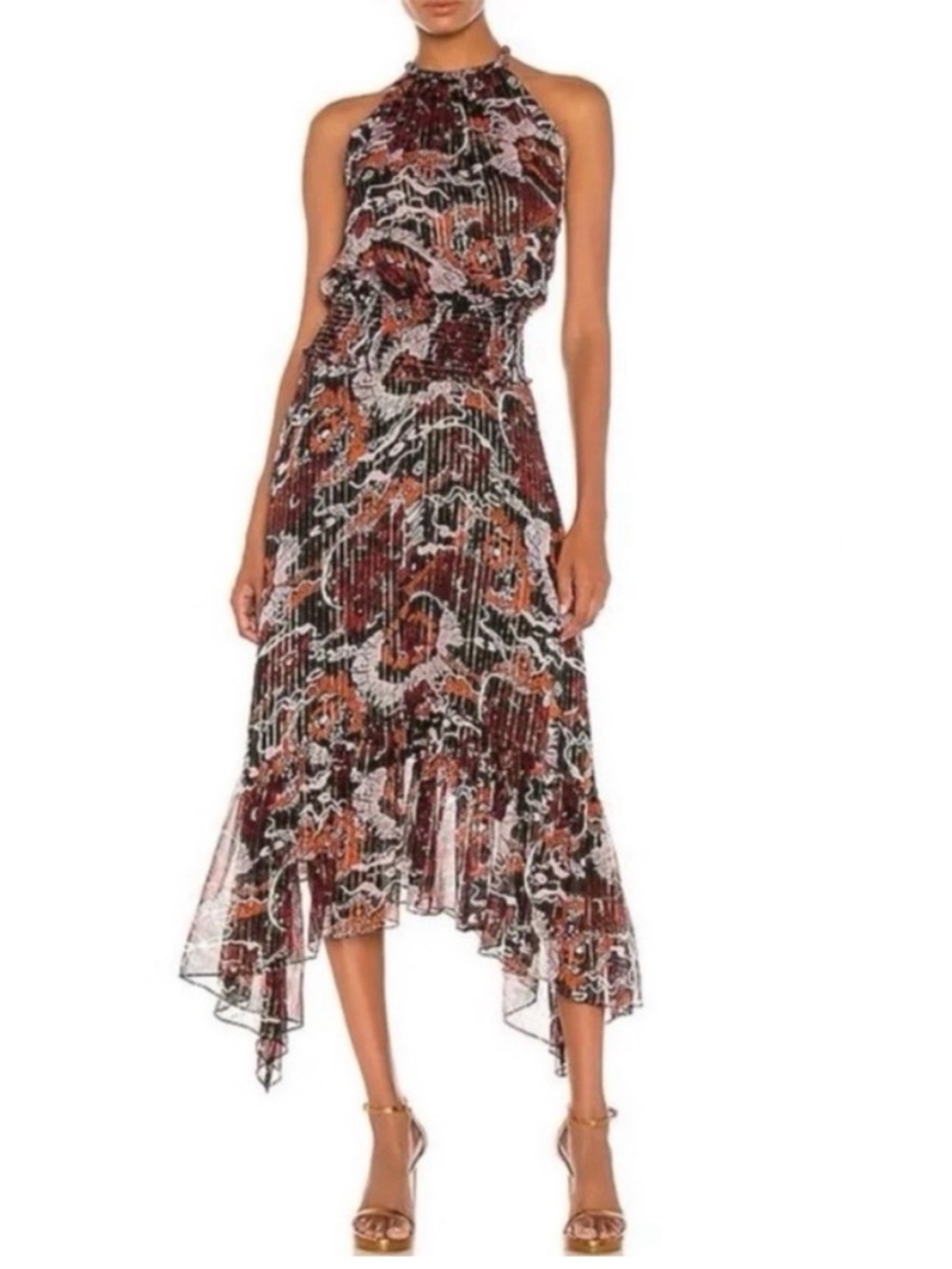NWOT A.L.C. Bardot Silk Dress in Black and Red Multi